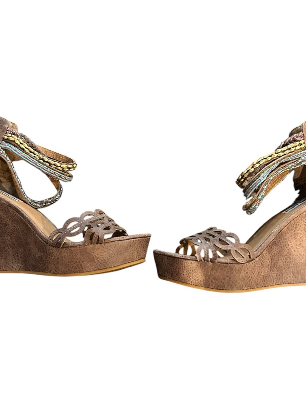 Steve Madden Tan Brown Suede Wedge Sandals with Beaded Fringe - Picture 4 of 6